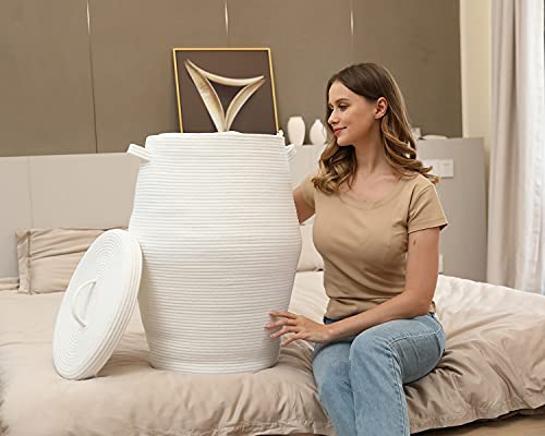 26" X 20" Tall Extra Large Storage Basket With Lid, Cotton Rope Storage Baskets, Woven Laundry Hamper With Cover, Toy Storage Bin, For Toys Blanket In Living Room, Baby Nursery, All White #TOP7