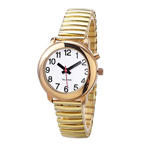 Montre parlante pour femme avec affichage de l'heure, de la date ou de l'heure de l'alarme Cadran blanc et chiffres noirs avec bracelet d'extension en acier...