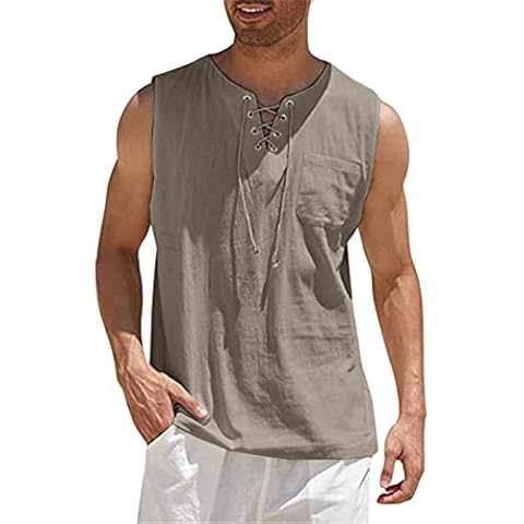 DSFG Men's Summer Cotton Linen Tank Tops Casual Sports Sleeveless Top Vest Shirt Plain Color Lace Up Fitness Muscle Tank Top Lightweight Pockets Relaxed-Fit Plus Size Streetwear #07 L Cover