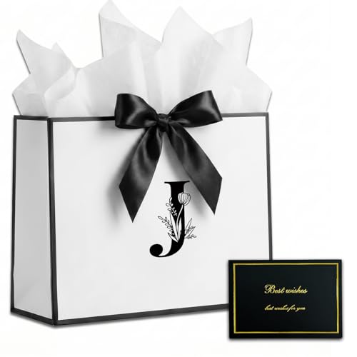 Alphabet Birthday Gift Bag, Initial Gift Bag with Card and Tissue Paper for Men Women, Large Black White Personalized Bow Bags for Bridal Party, Wedding, Graduation, Birthday Gifts Bags (Letter J)