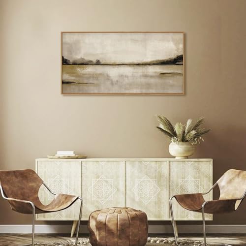 Image of KAIRNE Neutral Abstract Landscape Framed Canvas Wall Art Set, Retro Mountain Lake Wall Decor, Vintage Tan Scenery Art Prints, Modern Nature Artwork for Living Room,Bedroom,Farmhouse,Office-40 x20 x1