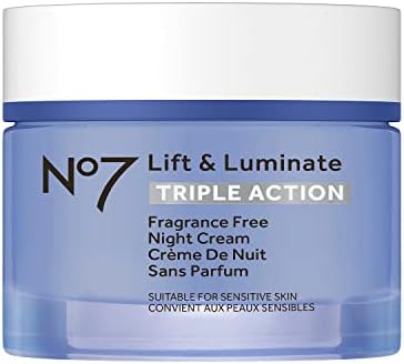 No7 Lift and Luminate Triple Action Fragrance-Free Night Cream – Anti-Wrinkle Collagen Peptide Brightening Moisturizer with Hyaluronic Acid, Hibiscus, and Vitamin C (50ml)