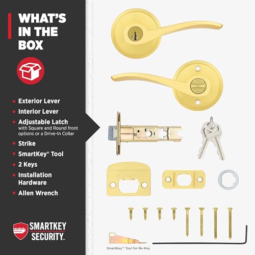Image of Kwikset Sedona Entry Door Handle with Lock and Key, Secure Keyed Reversible Lever Exterior, for Front Entrance and Bedrooms, Satin Brass, Pick Resistant Smartkey Rekey Security and Microban