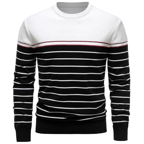 UUAISSO Suéter para Hombre Cuello Redondo Rayas Color a Juego Suéter Sudaderas Suéter de Punto Jersey para Uso Informal Blanco+Negro L