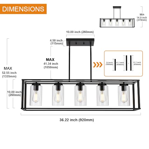 Image of Farmhouse Chandeliers Rectangle Black 5 Light Dining Room Lighting Fixtures Hanging, Kitchen Island Cage Pendant Lights Contemporary Modern Ceiling Light with Glass Shade Adjustable Rods