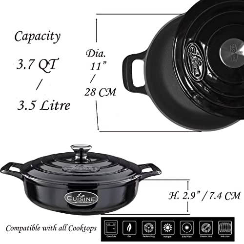 La Cuisine 3140Mb Enameled Cast Iron Covered Braiser - Saute Pan Casserole, 3.75 Quart (Qt) 11" Diameter Matte Black Enamel Coating Interior, Glossy Black Porcelain Enamel Coating Exterior #TOP5