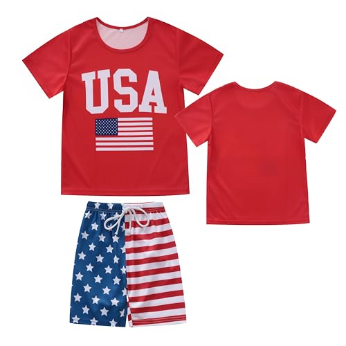 Image of 4th Of July Boys American Flag Button Up Baseball Jersey Shirt Shorts Set for 2-14 Years Kids Independence Day Outfit