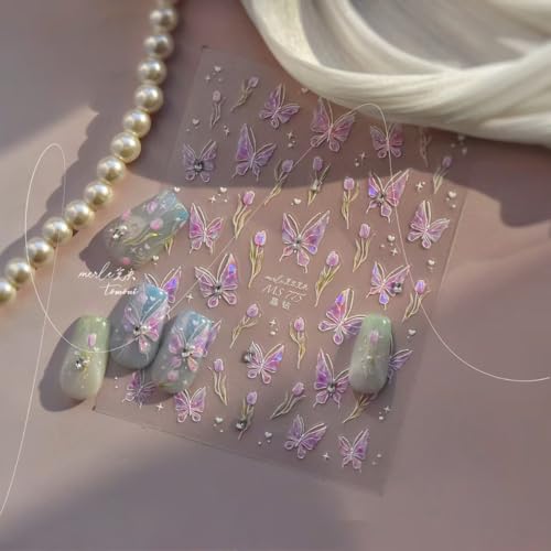 Image of Butterfly Nail Sticker 5D Embossed Nail Art Decals with Rhinestone Design for Women Girls Kid Supplies Purple Butterfly Stickers for Nails Manicure Decorations