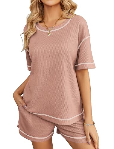 Ekouaer Women's Waffle Knit Two Piece Lounge Set, Soft Matching Outfits for Daily Wear, Casual Shorts Set with Elastic Waist & Pocket — view 6