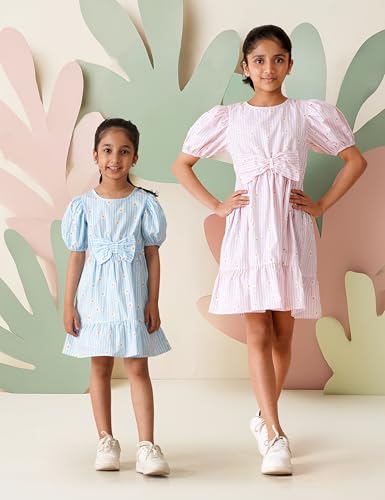 Image of Amazon Brand - Symbol Girls Bow Detail Pure Cotton Knee Length Casual Dress