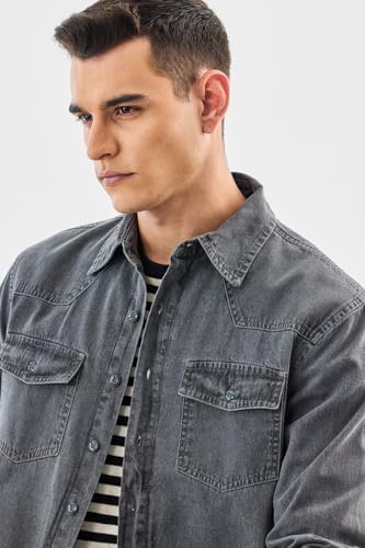 Image of SNITCH Men Casual Shirt | Regular Fit Long Sleeve Spread Collar Solid Pattern | 100 Percent Cotton Fabric & Durable Denim Shirt for Men & Rugged Men's Fashion Top