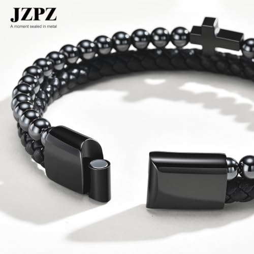 Natural Hematite Bracelet for Men-Handmade Black Leather Cross Bracelets | Adjustable Masculine Healing Hematite Beaded Cuff Bracelets,Religious Catholic Faith Jewelry Gift,Boyfriend Husband Son - image 3