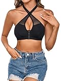 MakeMeChic Women's Halter Bra Front Closure Bralette Mesh Wireless Underwear Black X-Large