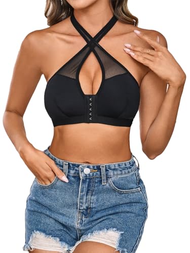 MakeMeChic Women's Halter Bra Front Closure Bralette Mesh Wireless Underwear