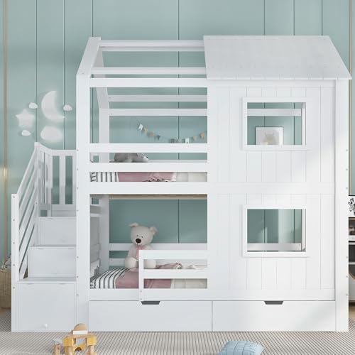 EINHOM Etagenbett 90x200 cm, Kinderbett mit Treppenschrank Schubladen, Stauraumbett mit Zwei Schubladen, mit Fenster und Dach, Rausfallschutz Geländer, Weiß (Ohne Matratze)