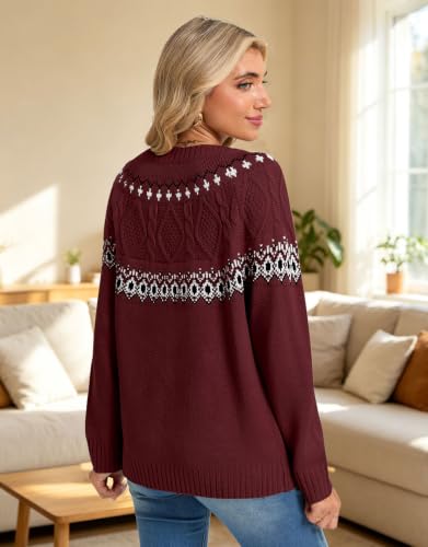 Image of Women's Fair Isle Sweater Crew Neck Long Sleeve Heart Sweater Vintage Tops