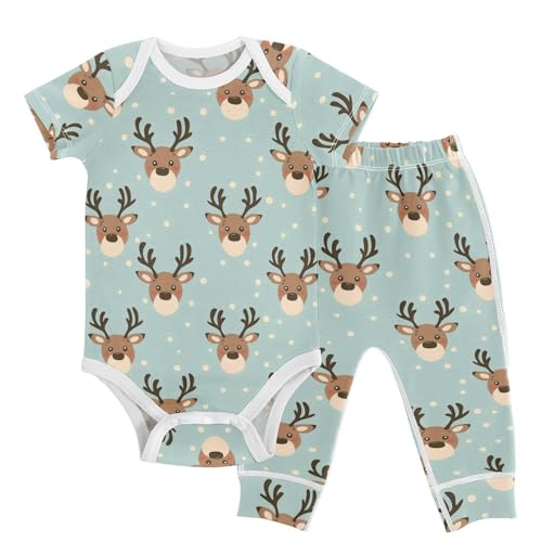 vvfelixl Cartoon Reindeer Baby Layette Sets,Baby Bodysuits Set Unisex Short Sleeve Babys Pants Sets 9-12M