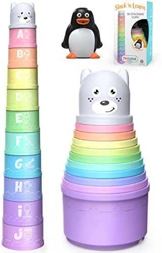Stacking Cups Toy for Toddler, Modern Design with Numbers, Letters, Patterns, Pastel Colors + FREE Bonus Squirting Baby Bath Toy & Bear Head Shaker, Fun Educational Toys for 6 Months +, 1 2 3 years