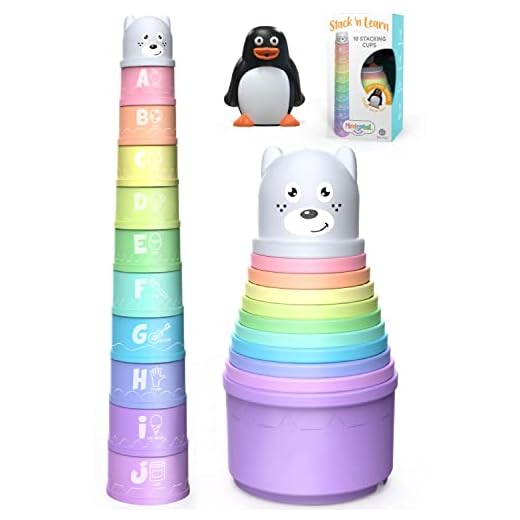 Stacking Cups Toy for Toddler, Modern Design with Numbers, Letters, Patterns, Pastel Colors + FREE Bonus Squirting Baby Bath Toy & Bear Head Shaker, Fun Educational Toys for 6 Months +, 1 2 3 years