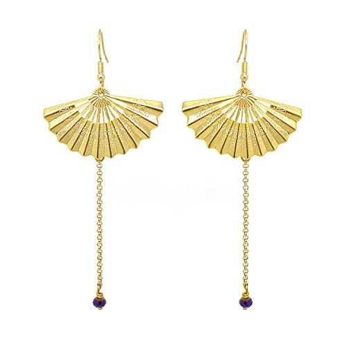 Boucles d'oreilles pendantes Eventail doré à l'or fin bijou fabriqué en France