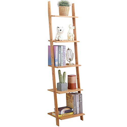 exilot Natural Bamboo Ladder Shelf 5-Tier Wall-Leaning Bookshelf Ladder Bookcase Storage Display Shelves