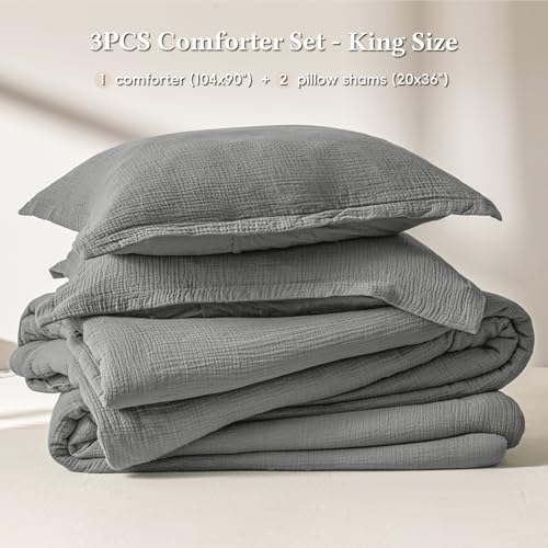 Image of David's Home Cotton Muslin Comforter Set King Size, 100% Cotton Cover Ultra-Soft Breathable Lightweight Skin-Friendly for Spring Summer, 3PCS Linen Like Gauze Bedding Set with Polyester Filling, Grey