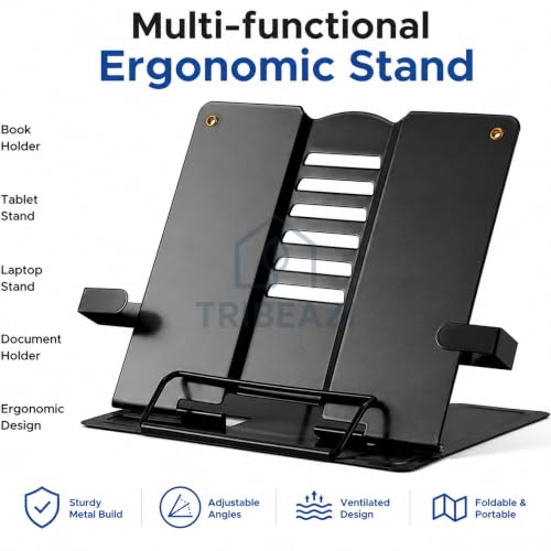 Image of Adjustable Metal Book Stand for Study, Cookbook Holder for Kitchen, Foldable Book Holder, Ergonomic Reading Rest with Page Clips, Multi-Angle Desktop Stand for Books, Tablets, & Office Use