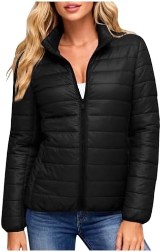 Puffer Jacket Womens Lightweight Quilted Coats Winter Warm Full Zip Stand Up Collar Puffy Jackets Windproof Parka
