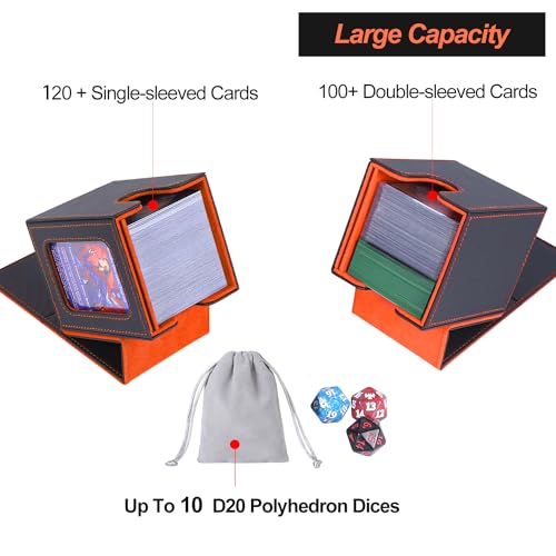Image of AFIING MTG Deck Box for Commander Display,Card Deck Case Fits 100 Double Sleeved Cards, Magic Commander TCG Card Storage Box with 2 Dividers,Dice Bag and 1 Toploader(Black /Orange)