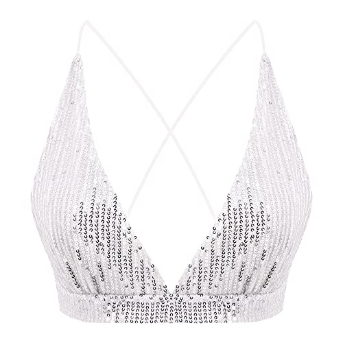 Monanoat Women’s Sexy Sequin Crop Top V Neck Bandage Tank Top Bustier Cami Dance Bra Top for Club Rave Silver