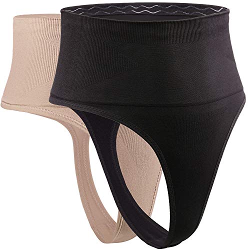 DREAM SLIM Women's Mid-Waist Seamless Tummy Control Thong Shapewear Panties Girdle Underwear (Nude/Black 2 Pack, Small)