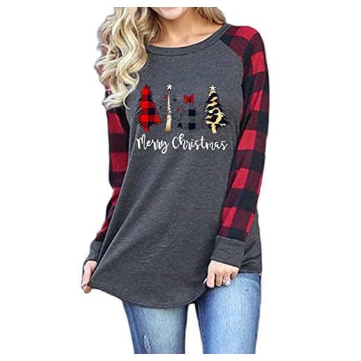 QUNERY Camisetas Blusas de Manga Larga Suelto para Mujer,Divertido Estampado de Navideño Camisas Pijama de Navidad Otoño Invierno Camiseta(Árbol de Navidad de Leopardo) XXL
