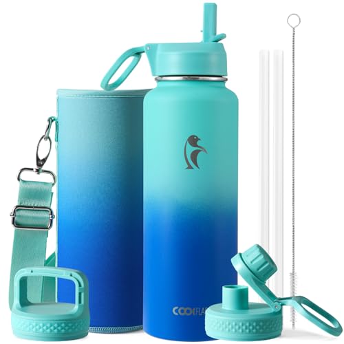 Image of Coolflask 40 oz Water Bottle Insulated with Straw & 3 Leakproof Lids