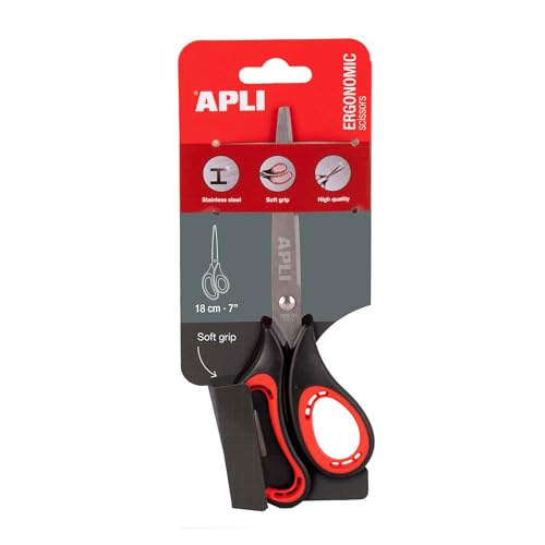 APLI 19648 - Tijeras de oficina de acero inoxidable y con mango ergonómico soft grip, 18 cm