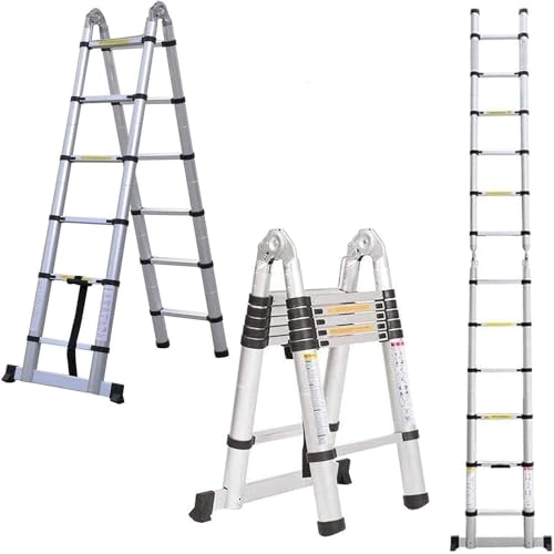3,8M A-Rahmen (1,9 + 1,9 m) Klappleiter ausziehbare Leiter, Aluminium Teleskopleiter, tragbare Mehrzweck-Loftleiter, 150 kg Tragkraft, für Zuhause, Büro, Heimwerker, Bauarbeiter