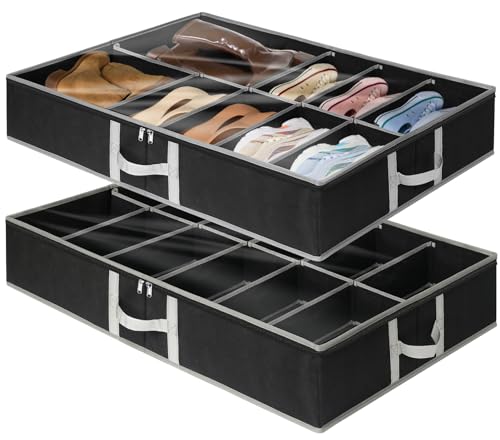 2 cassettiera sotto letto per scarpe (24 paia), pieghevole, organizer per scarpe, chiusura in velcro regolabile sotto il letto, con supporto per pavimento e 3 manici stabili
