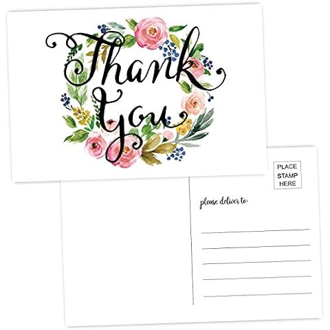 Antgiftshop 50 Thank You Postcards-Blank Thank You Note Card, Floral Watercolor Calligraphy Note Card Stationery for Wedding, Bridesmaid, Bridal or Baby Shower, Teachers, Business. Cover