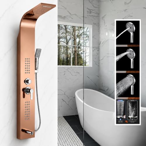 Image of ZeeCry Shower Panel Thermostate Stainless Steel 5 in One, Tower System, Rainfall Shower, Body Massage Spray, 3 Function Hand Shower (Rose Gold)