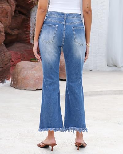 GRAPENT Flare Jeans for Women Trendy High Waisted Cropped Ripped Jeans Wide Leg Stretchy Denim Ankle Pants Raw Hem Jeans2