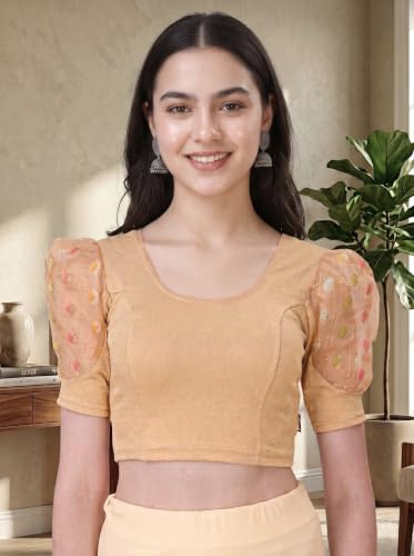 Image of SFT Women's Cotton Lycra Blend Readymade Saree Blouse with Round Neck Half Sleeves Solid Pattern Knit Weave Regular Fit and Pull On Closure