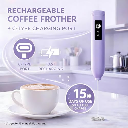 Image of Coffee Frother - Electric Rechargeable Coffee Maker Machine for Home Electric Coffee Frother & Milk Whisker | 1 Year Warranty | Free Recipe Book (Frother) (Orchid Mist)