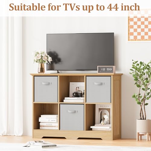 Image of 6 Cube Storage Organizer Shelf, Wood Cubby Storage with 3 Fabric Drawers, 2 Tier Wooden Bookshelf with 2 Adjustable Shelves & Fluted Side Panels for Bedroom, Living Room, Home Office, Wood