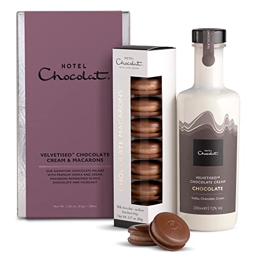 Hotel Chocolat Tipples & Treats: Chocolate Velvetised Cream & Macarons Collection, 90g + 200ml - Chocolate Gifts for Birthday, Thank You, Anniversary