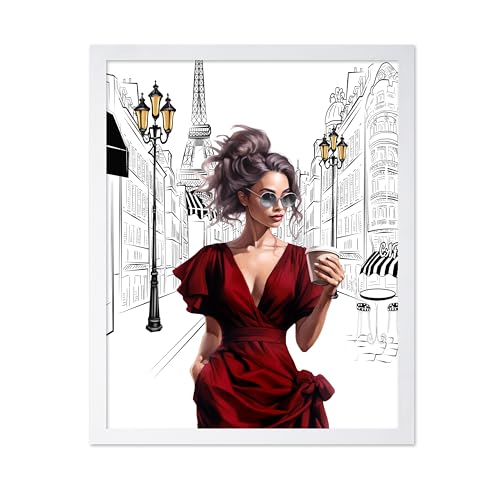 Image of Poster Master Lady in Red Print - Fashion Poster - Paris Designer Art - Modern Wall Design - Chic Gift for Women & Fashionista - Glam Decor for Bedroom or Girl's Room - 11x14 White Framed
