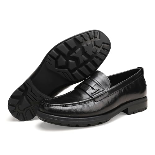 Image of Mens Leather Penny Loafers, Classic Crocodile Printed Business Dress Shoes with Metal Buckle Slip on Penny Shoes for Mens