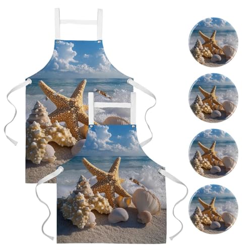 Lot de 2 tabliers de cuisine motif étoile de mer avec 4 broches incluses
