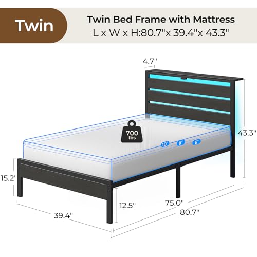 Image of Rolanstar Twin Bed Frame with 6 Inch Gel Memory Foam Mattress, LED Metal Platform Bed with USB Charging & Storage Headboard, Black, CertiPUR-US Certified Mattress