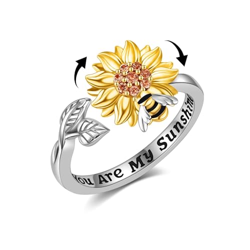 Bague tournesol en argent 925 ajustable avec motif abeille et gravure