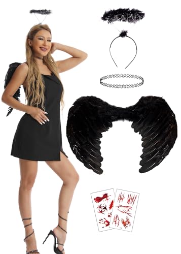 Schwarze Engelsflügel,Fünfteiliges Set Erwachsenes Schwarzes Engelskostüm Damen für Halloween Und Karneval Für Frauen,Cosplay-Party Karneval Schwarzes Engels Kostüm Für Party Schwarze Engelsflügel,Fünfteiliges Set Erwachsenes Schwarzes Engelskostüm Damen für Halloween Und Karneval Für Frauen,Cosplay-Party Karneval Schwarzes Engels Kostüm Für Party