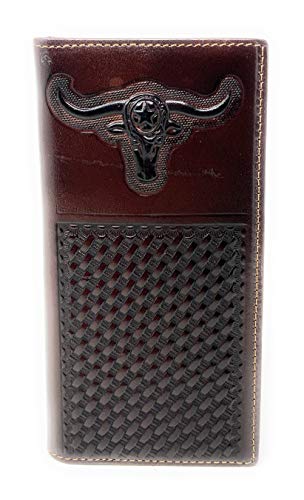 Western Genuine Leather Basketweave Metal Concho Mens Long Bifold Wallet in Multi Emblem (Coffee Longhorn)